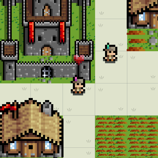 Close up: a small red heart floating up beside a settler outside the hall.