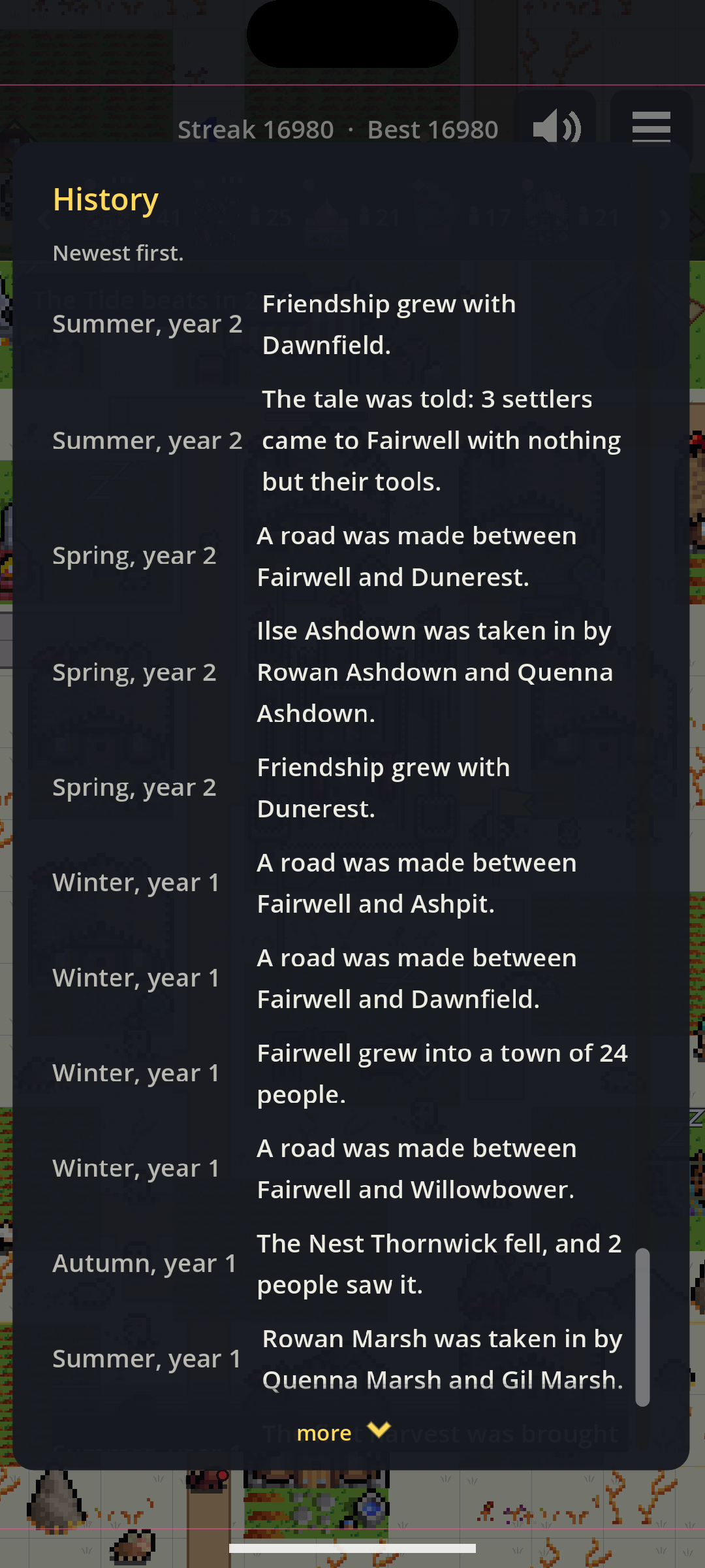 Fairwell’s History, newest first: friendship grew with Dawnfield, roads made to its neighbours, Fairwell grew into a town of 24 people, the Nest Thornwick fell and 2 people saw it.