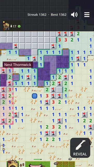 A cleared stretch of the board beside Nest Thornwick’s ring, with flags, green-edged numbers and purple Creep along the open edges