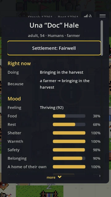 The card of Una “Doc” Hale, adult, 54, Humans, farmer of Fairwell: bringing in the harvest, thriving