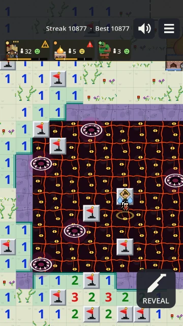 A block of dark old Creep with lairs in it, beside flagged numbers and the village cards’ warning marks