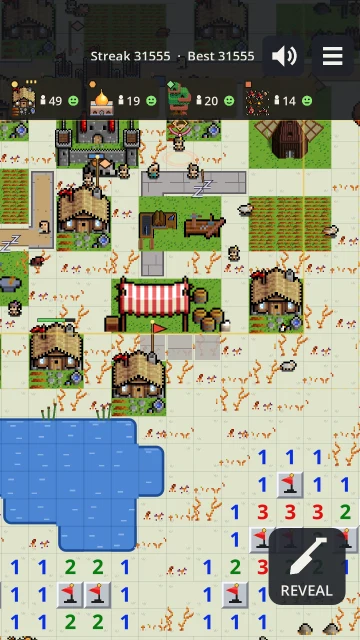A town with roads, a market square with a striped stall, houses, fields and a pond