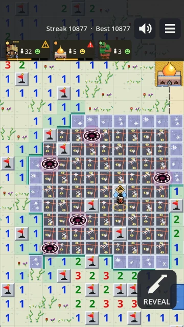Peaceful mode: a block of old Creep with lairs in it, frosted pale with snowflakes and standing still, ringed by flags and numbers beside a desert village