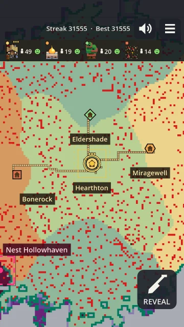 The map at full zoom-out: regions in their colours, the towns Eldershade, Hearthton, Miragewell and Bonerock joined by roads, and Nest Hollowhaven