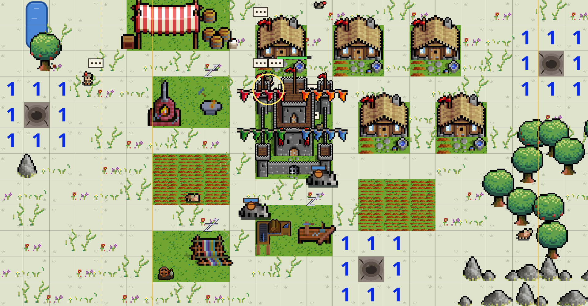 Fairwell at Midsummer: bunting over the castle hall, thatched houses, fields, a market stall and a smithy, with the board’s numbers and craters around them.