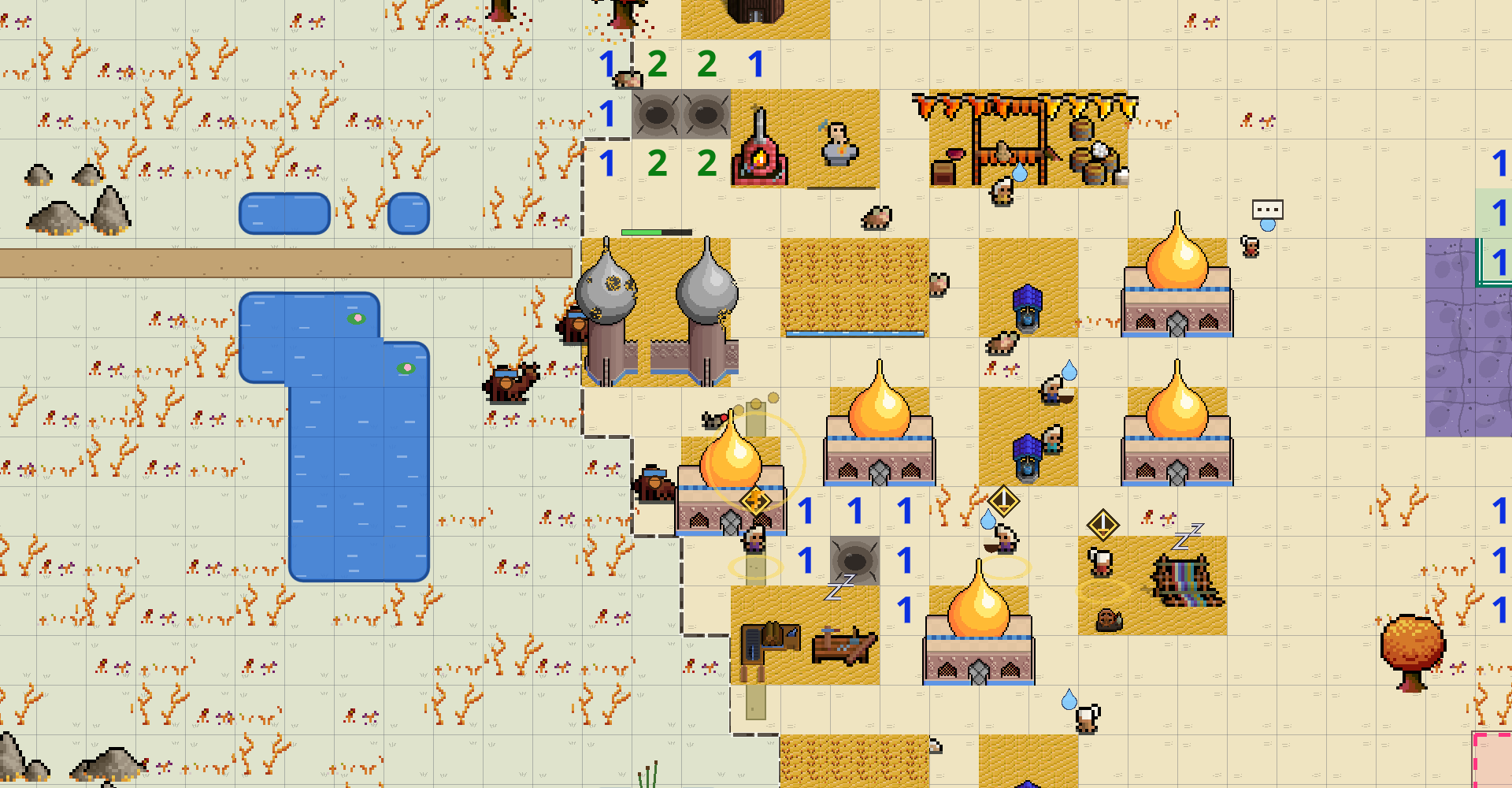 A desert village on a market evening: stalls with goods under striped awnings, onion-domed houses, a workshop and people walking between them.