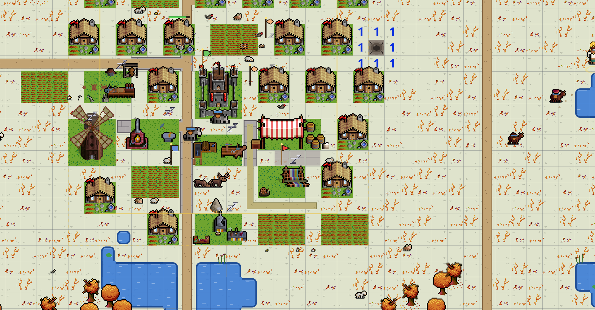A Human town: the castle hall, a windmill, workshops, a market stall, rows of thatched houses and fields, joined by dirt roads, with ponds and autumn trees around it.