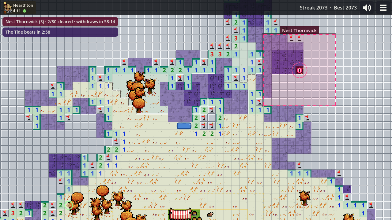 The board with the Tide chip at the top left counting down to the next Tide, purple Creep along the open edges, and a Nest’s ring outlined in pink.