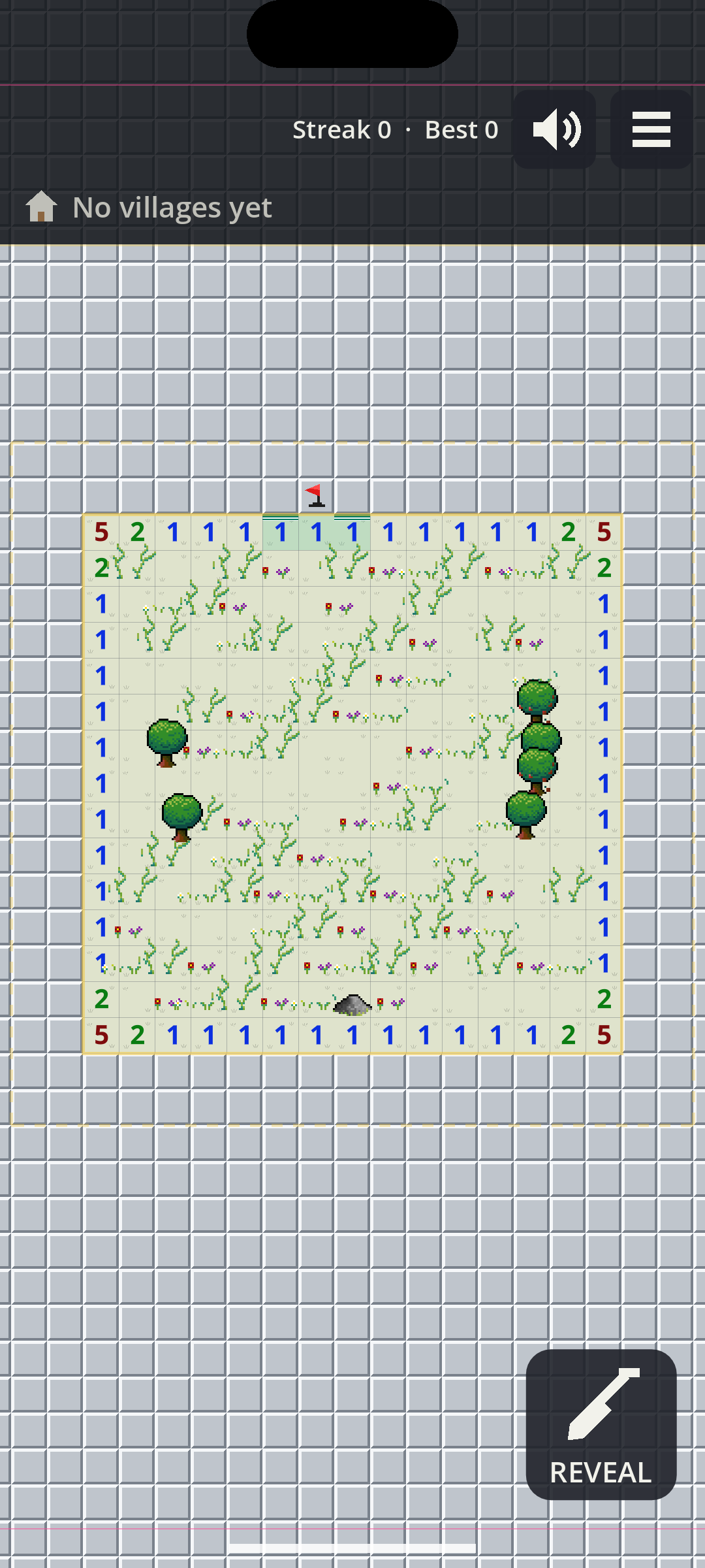 A phone screen showing the home square: a cleared 15 by 15 field of grass ringed by numbers, with a 5 in each corner, covered tiles all around, and one flag just planted on the top edge.