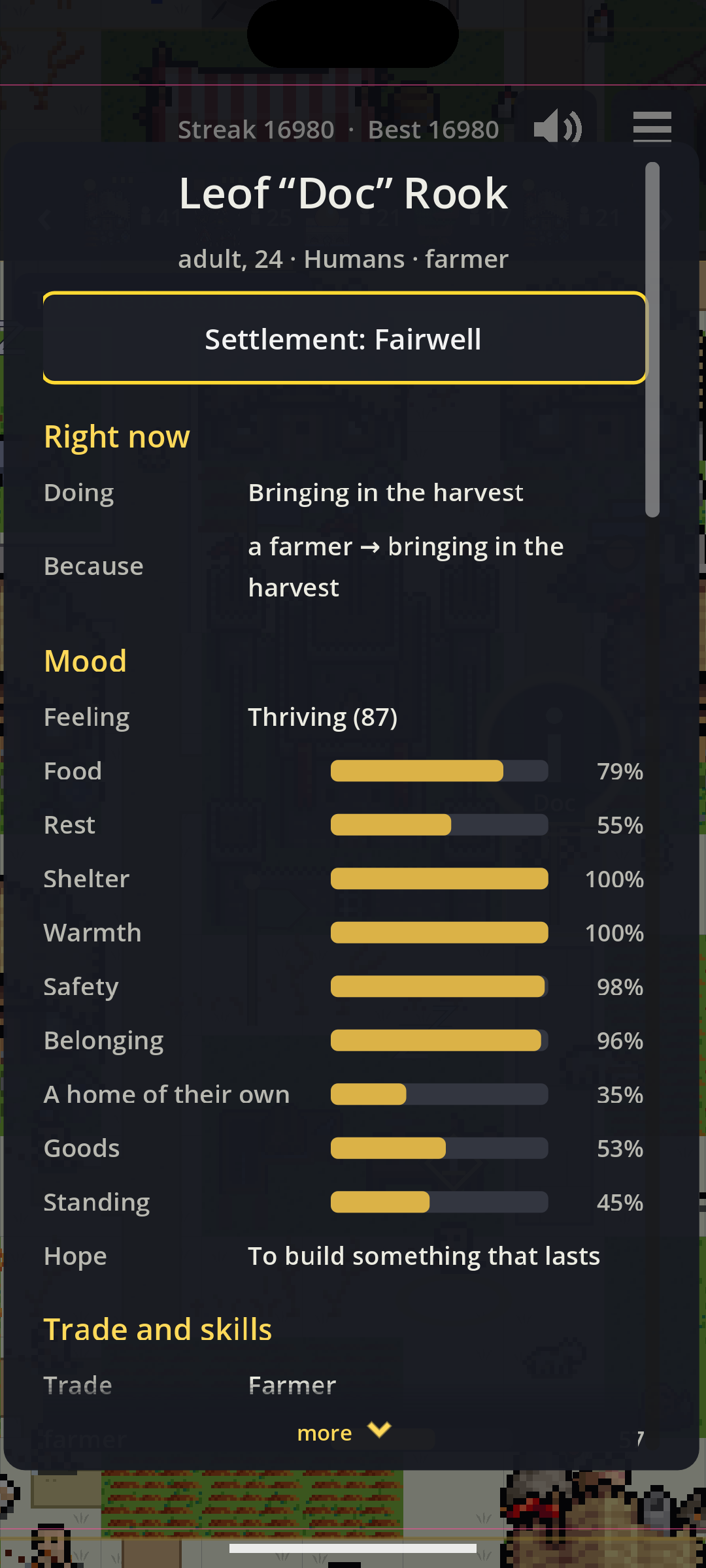 A settler’s card on a phone: Leof “Doc” Rook, adult, 24, Humans, farmer, of Fairwell. Right now: bringing in the harvest, because: a farmer, bringing in the harvest. Bars for food, rest, shelter, warmth, safety, belonging, a home of their own, goods and standing. Hope: to build something that lasts.