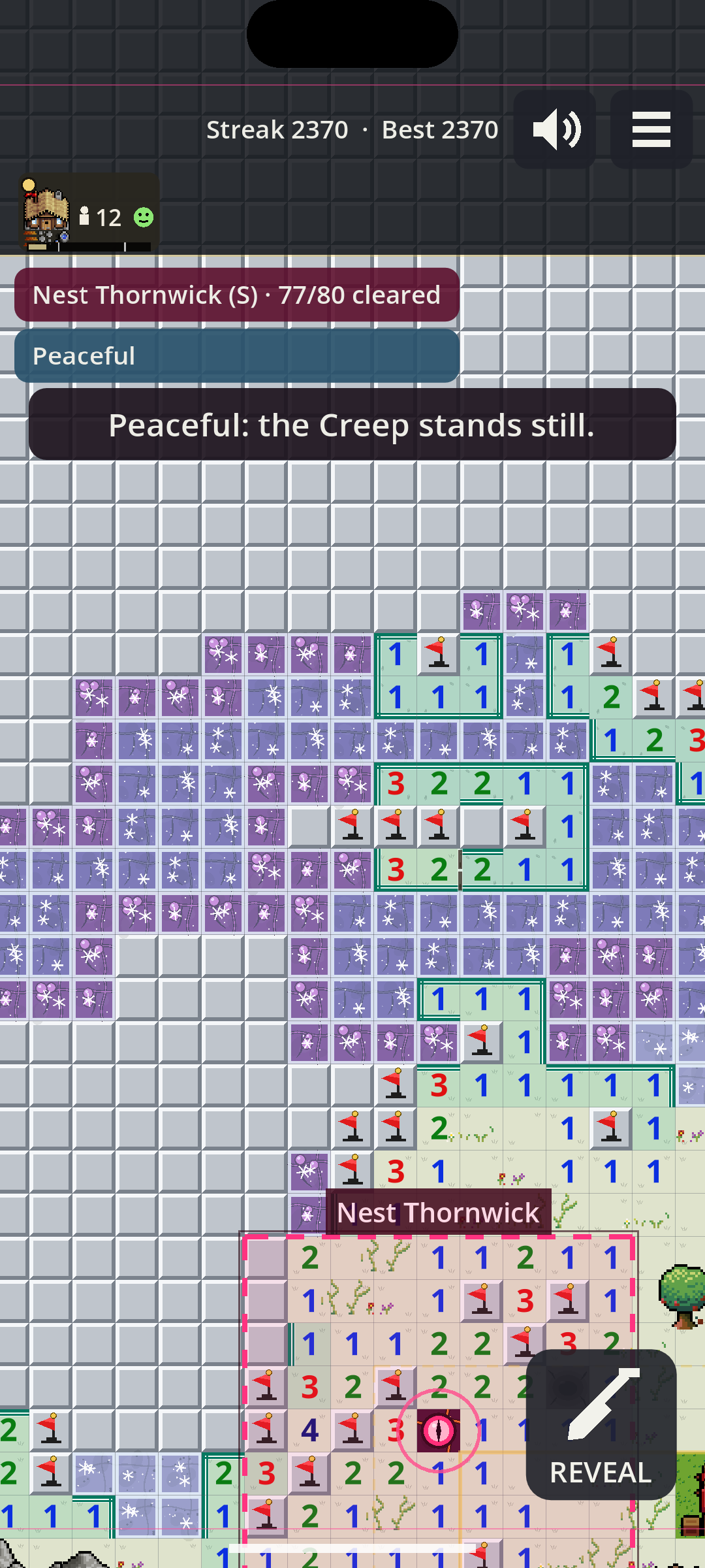 A phone screen in Peaceful mode: the Creep along the open edges is frosted pale purple with snowflake marks, the Tide chip reads Peaceful, a Nest chip reads 77/80 cleared, and a message says Peaceful: the Creep stands still.