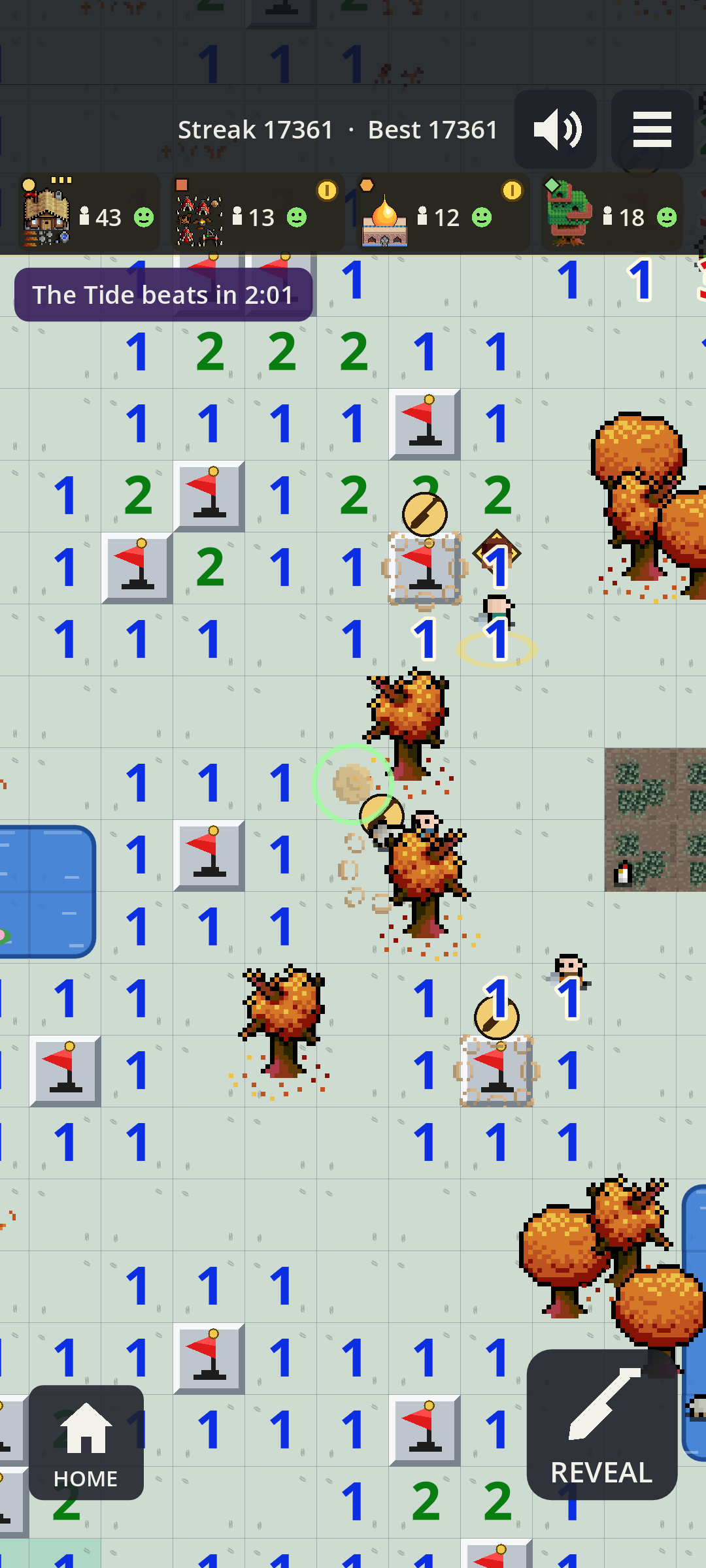 A phone screen of cleared board in autumn, with flags and blue numbers all around. Two flagged mines carry round dig badges, with settlers beside them, and below an orange tree a puff of dust marks a dig just finished. The Tide chip at the top reads “The Tide beats in 2:01”.