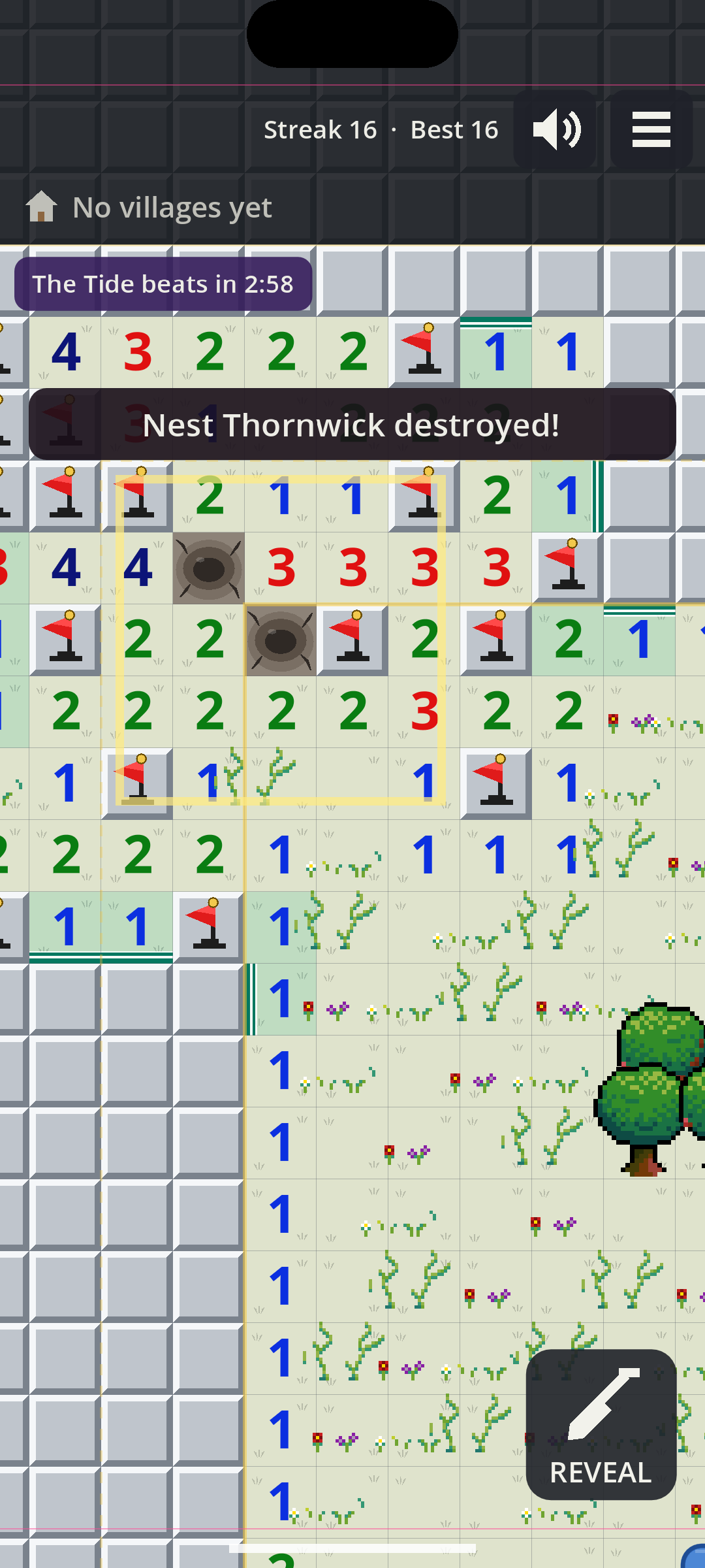 A phone screen with a solved patch of board, flags and two craters inside a faint yellow square where a Nest’s ring was, and a banner reading Nest Thornwick destroyed.